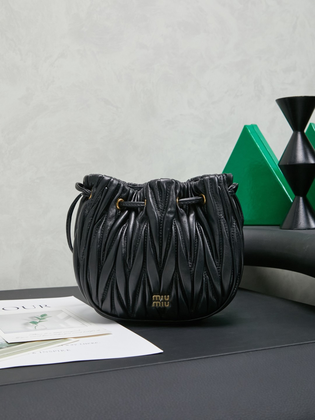Miu Miu Matelassé genuine leather drawstring bucket bag