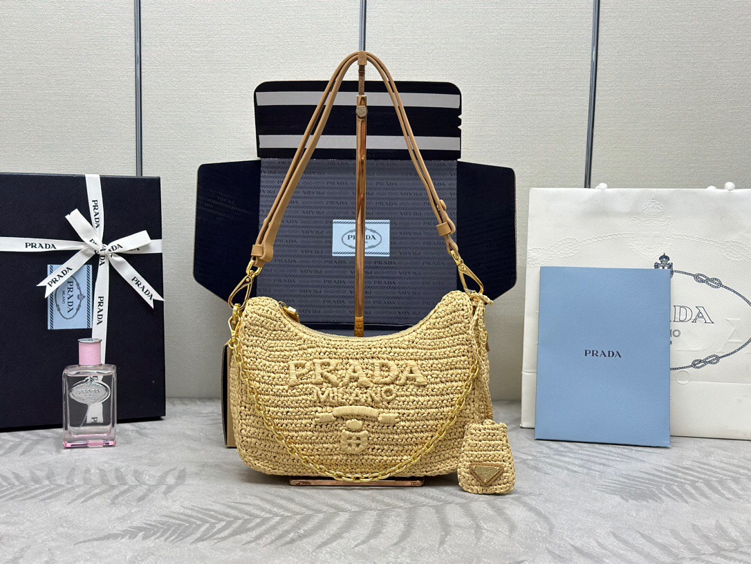 Bolso hobo de rafia de ganchillo de Prada, bolso de rafia tejido para la axila