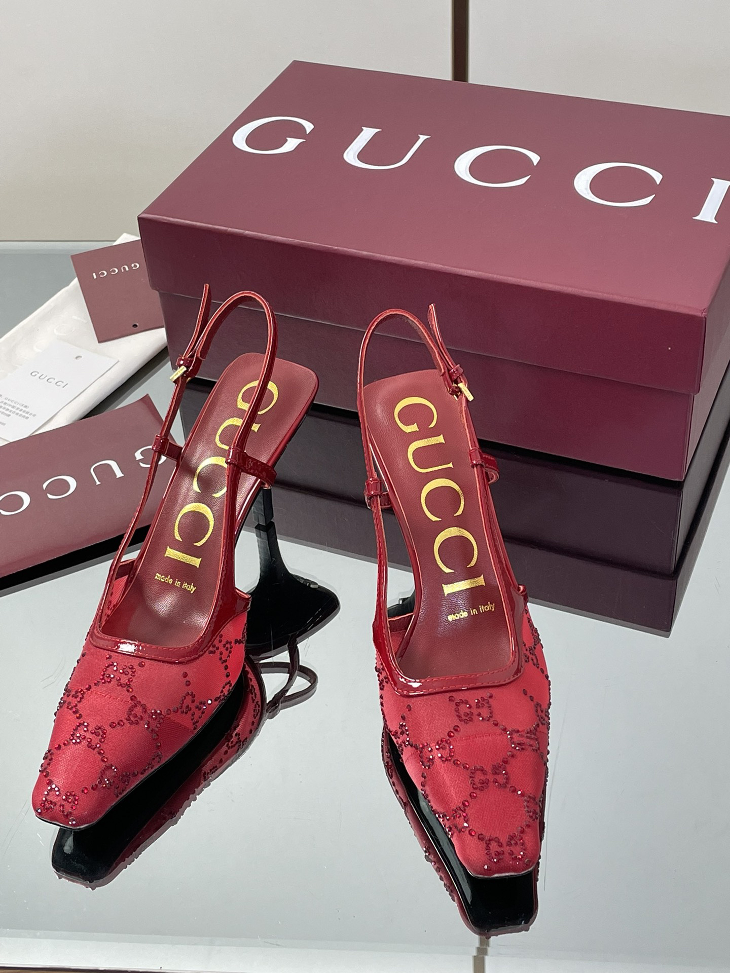 Gucci Crystal GG Monogram Kitten Heel Sandals - Image 3