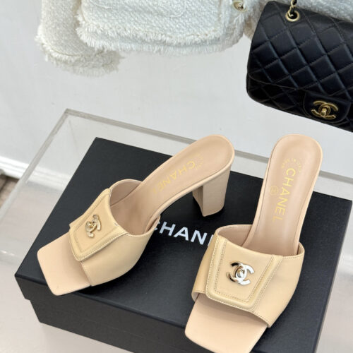Chanel square-toe double C buckle chunky heel mule sandals