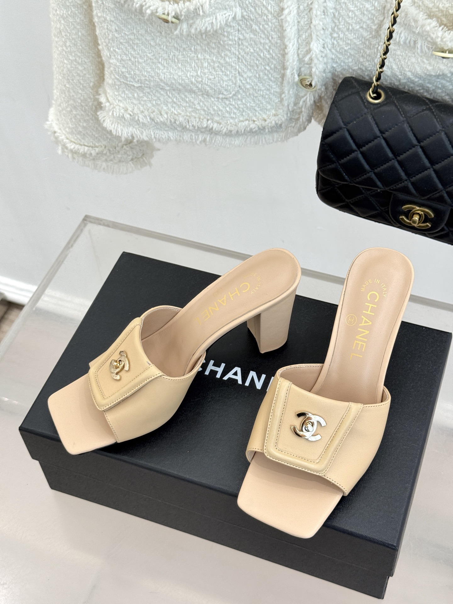 Chanel square-toe double C buckle chunky heel mule sandals