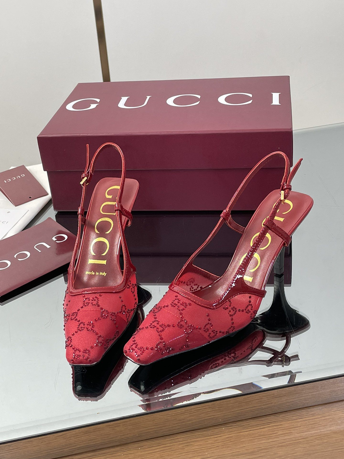 Gucci Crystal GG Monogram Kitten Heel Sandals - Image 4
