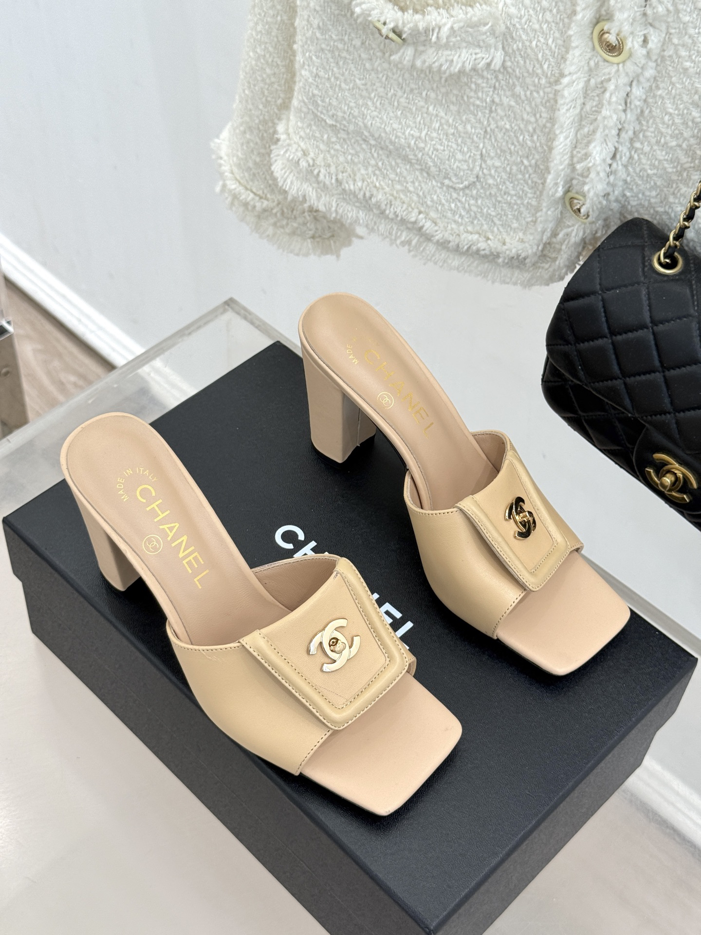 Chanel square-toe double C buckle chunky heel mule sandals - Image 3