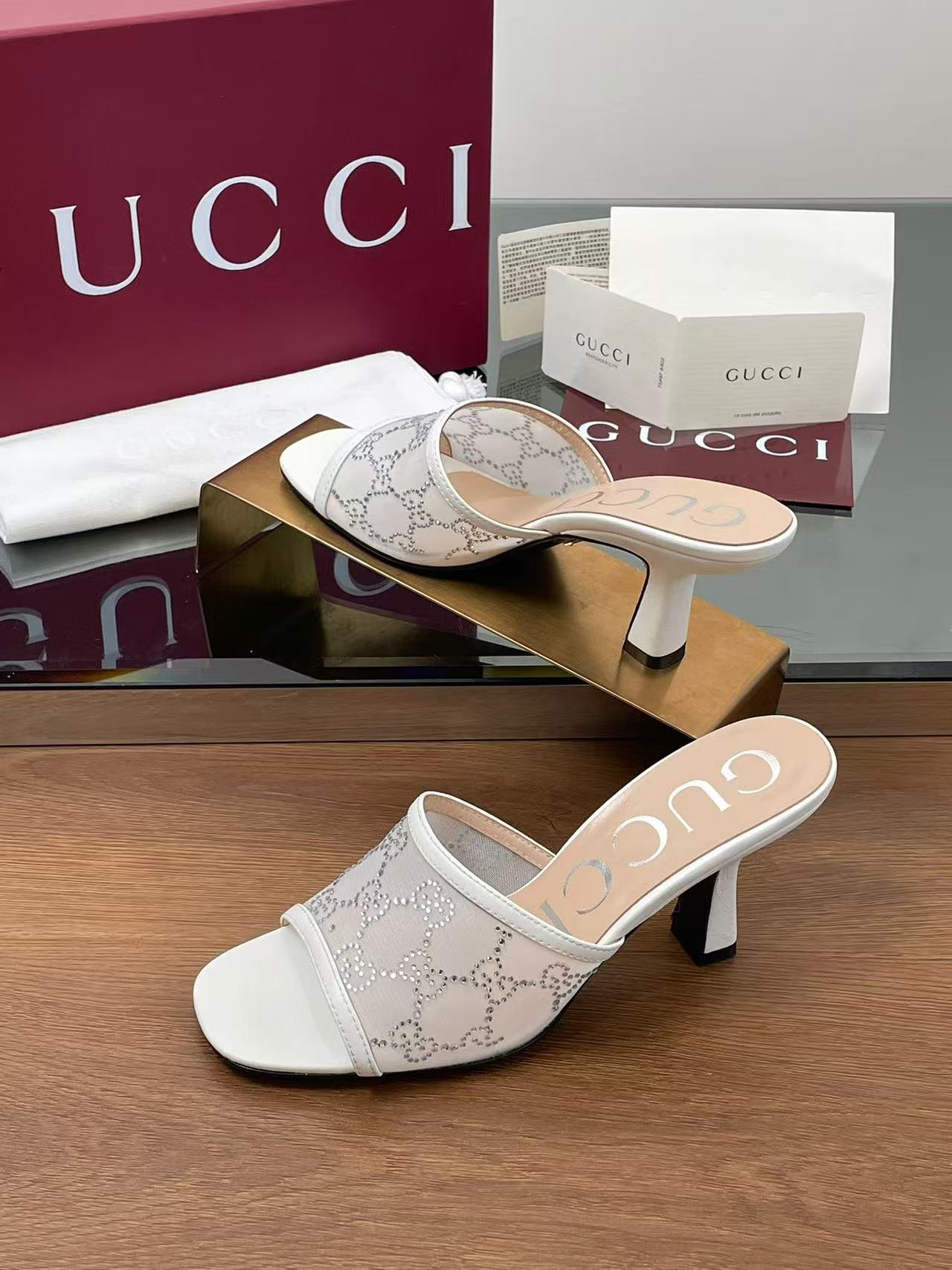 Gucci GG Crystal Mesh High-Heeled Mules - Image 2