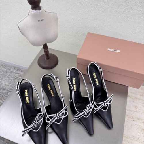 Miu Miu white-trimmed color-blocked bow pointed-toe open-back high-heeled sandals