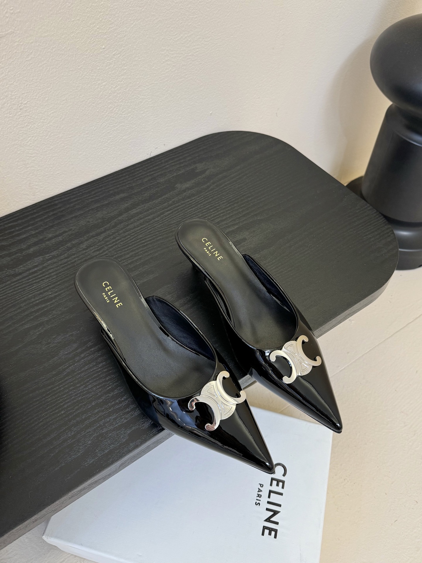 CELINE Arc de Triomphe Glossy Pointed-Toe Stiletto Mules Sandals