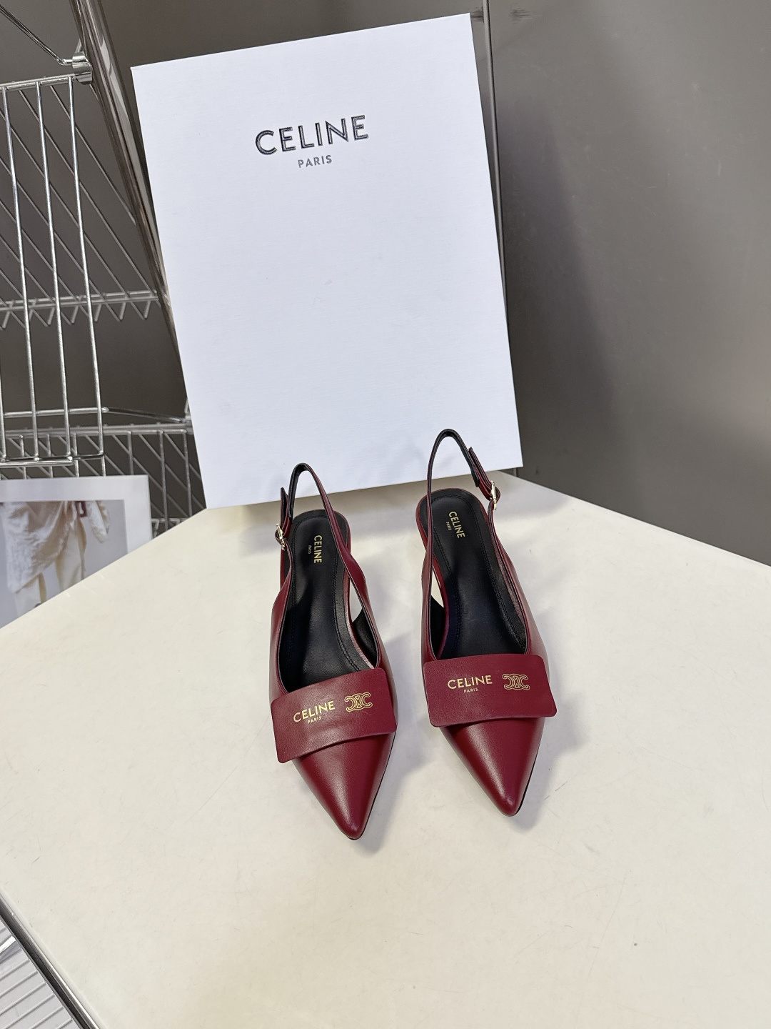 CELINE Arc de Triomphe Square Pointed Toe Open Back Stiletto Sandals