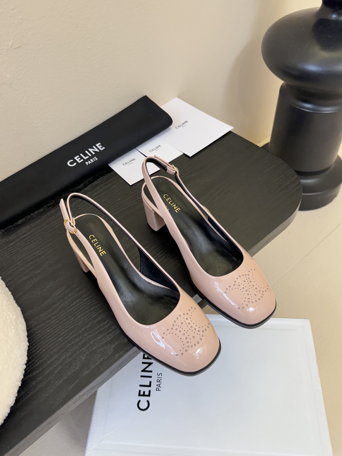 CELINE Perforated Arc de Triomphe Backless Chunky Heel Mary Jane Sandals - Image 4