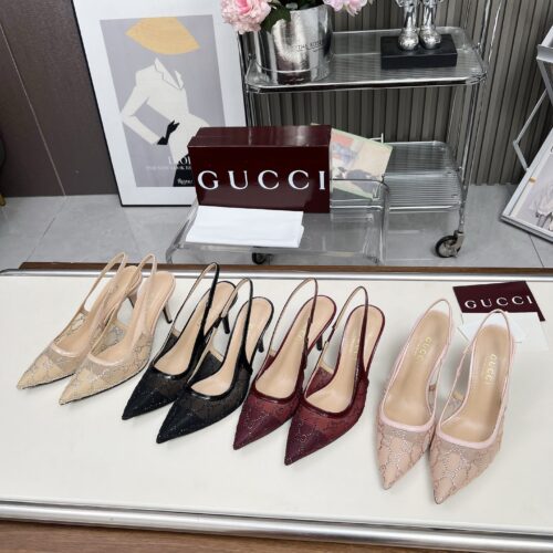 GUCCI Double G Rhinestone Lace Open Back Stiletto Sandals