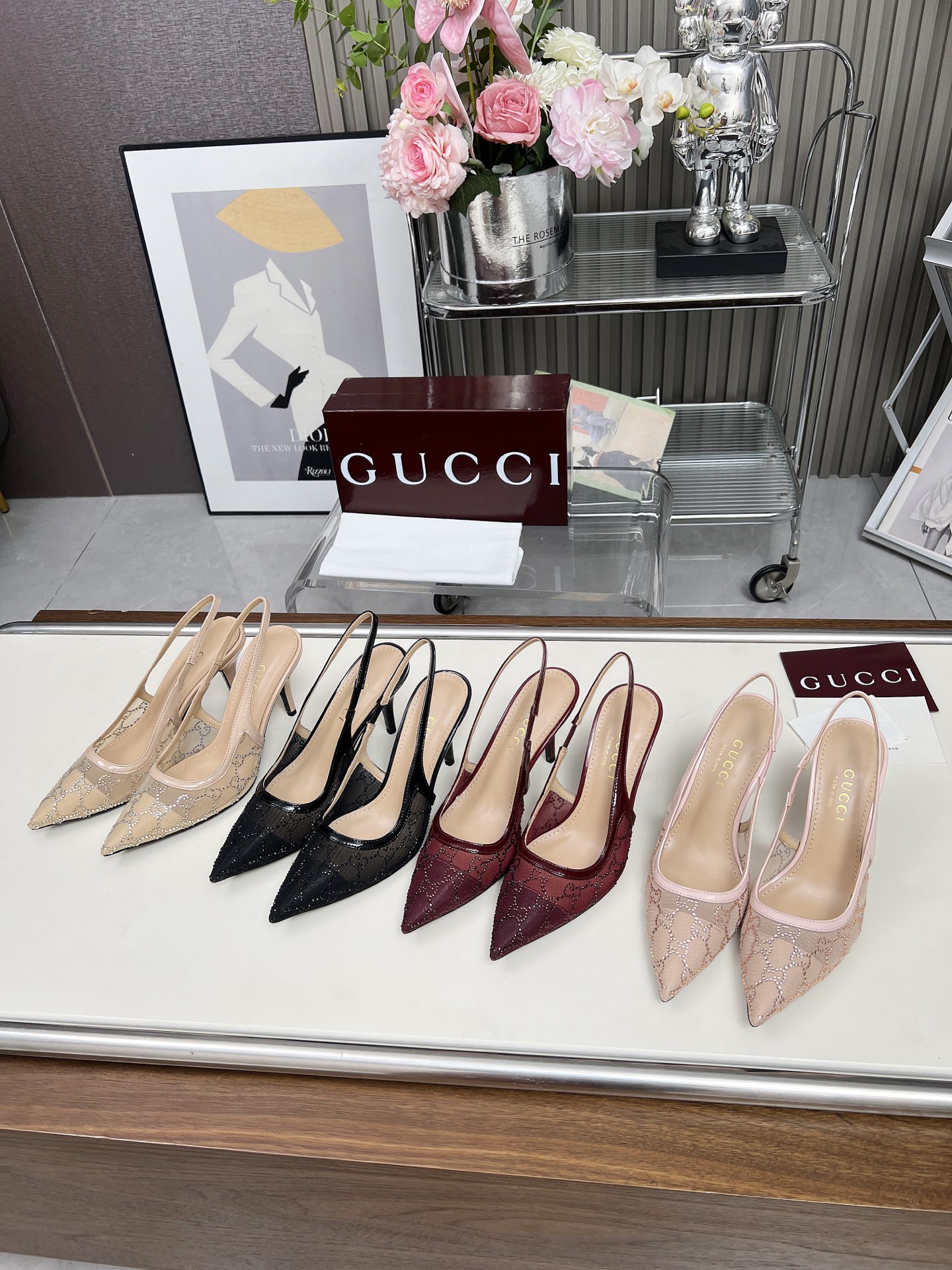 GUCCI Double G Rhinestone Lace Open Back Stiletto Sandals
