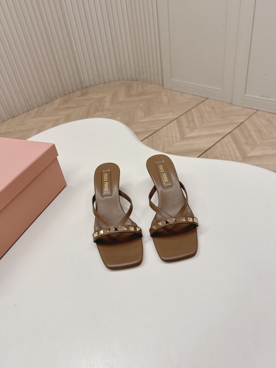Miu Miu Studded Strappy Square Toe High-Heeled Sandals