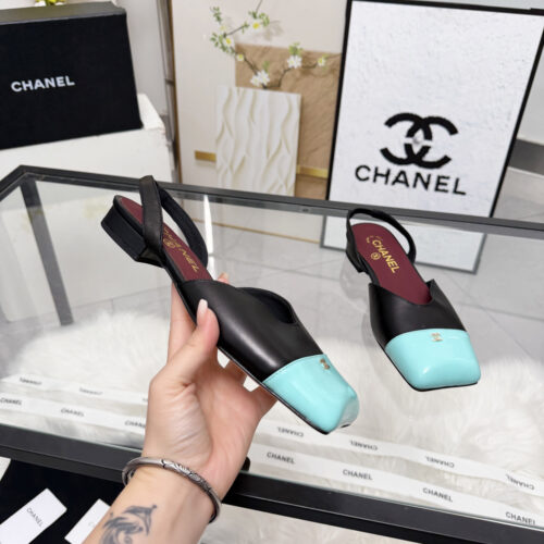 CHANEL Square Toe Two-Tone Open Back Sandals