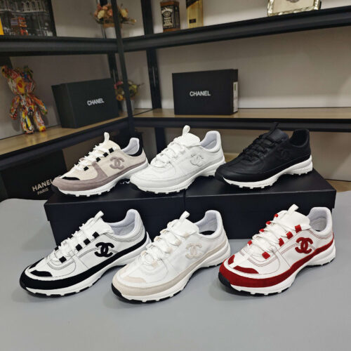 CHANEL color-blocked double C platform casual sneakers for men and women.