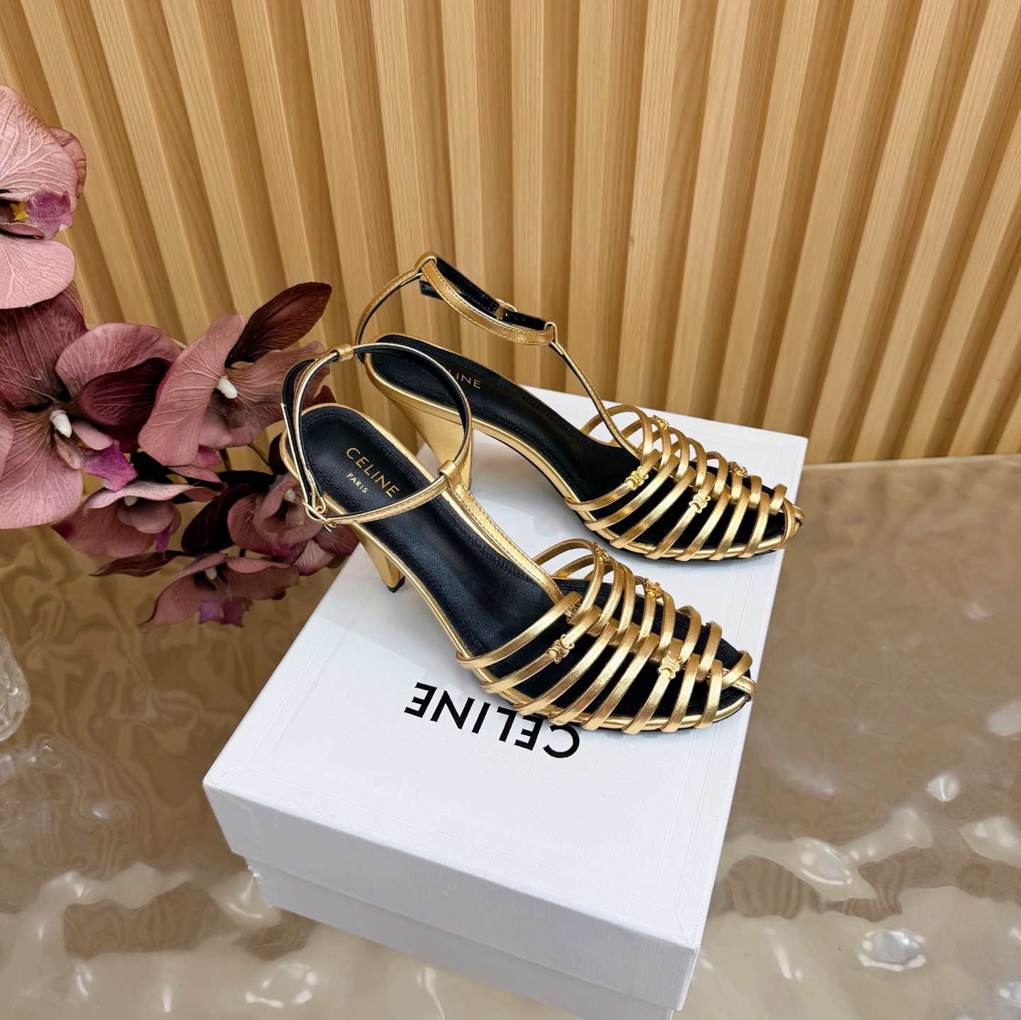 CELINE Metal Woven T-Shaped Triangle High-Heeled Sandals - Image 4