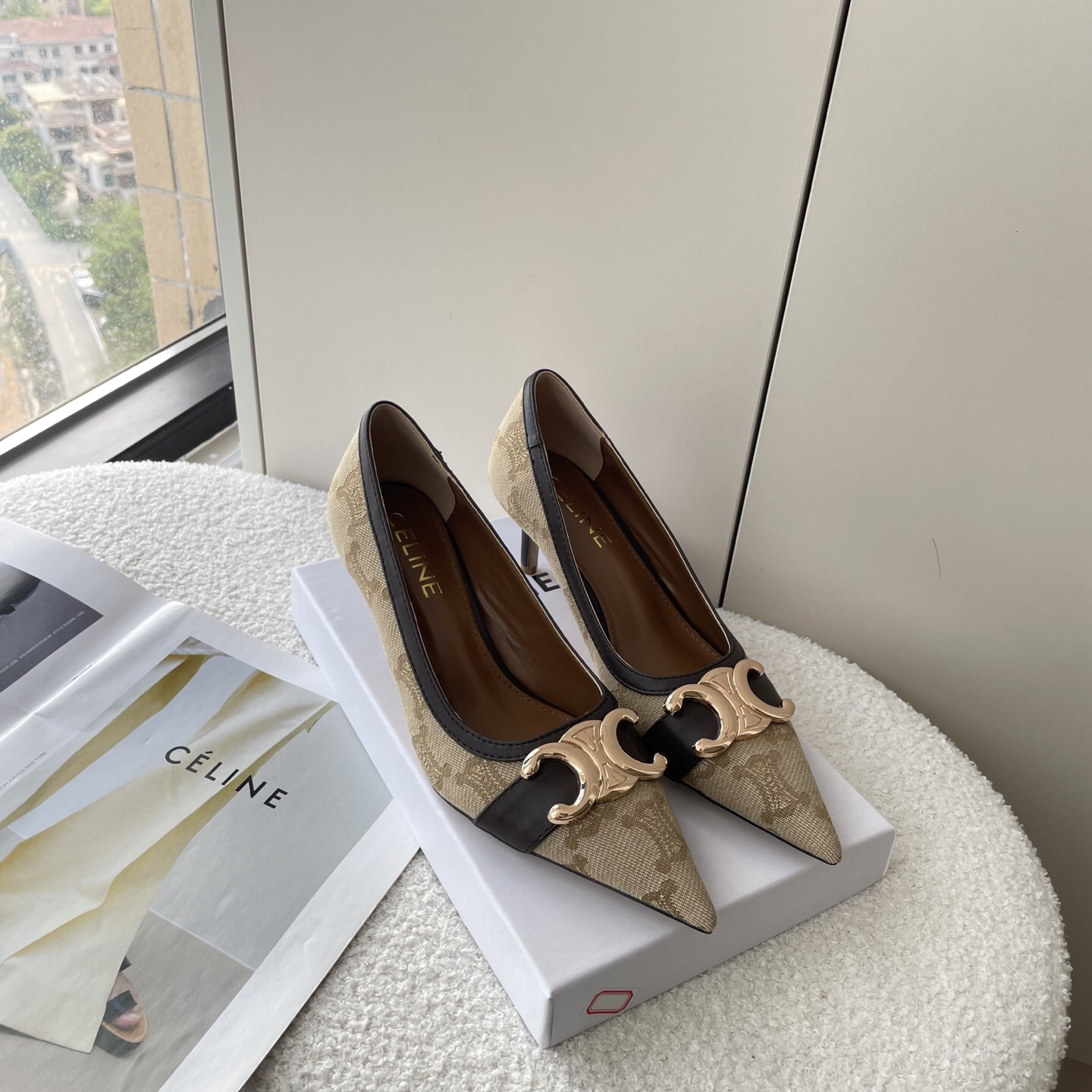 CELINE monogram canvas and leather Arc de Triomphe pointed-toe stilettos