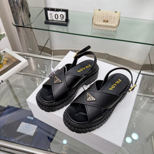 PRADA Triangle Logo Cross Strap Platform Back Buckle Sandals