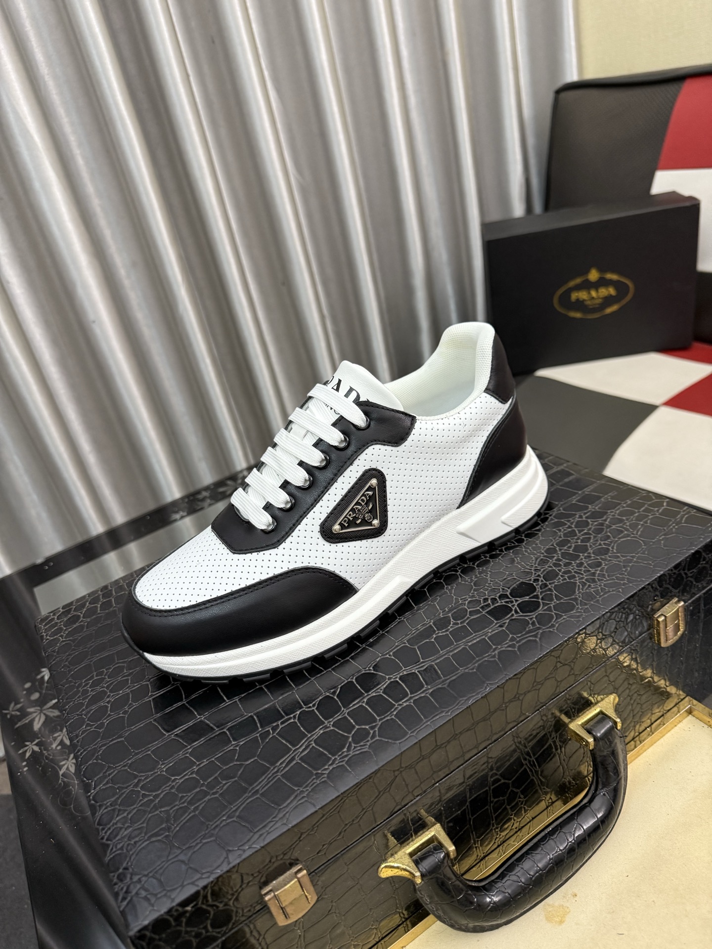 PRADA metal triangle logo perforated leather platform casual sneakers - Image 4