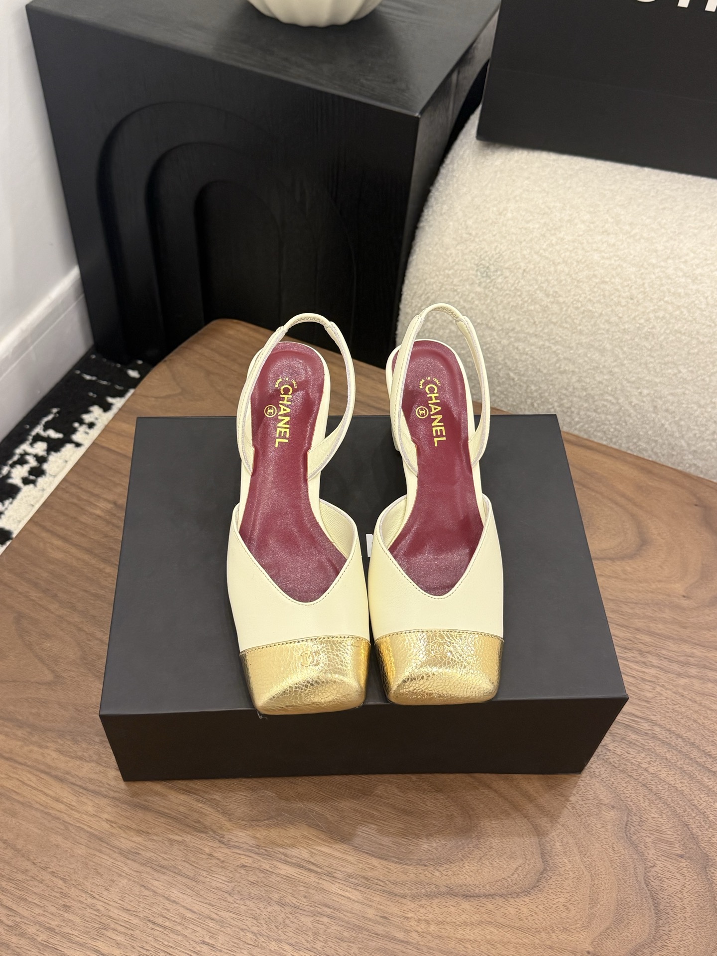 CHANEL Square Toe Open Back Slingback High Heels