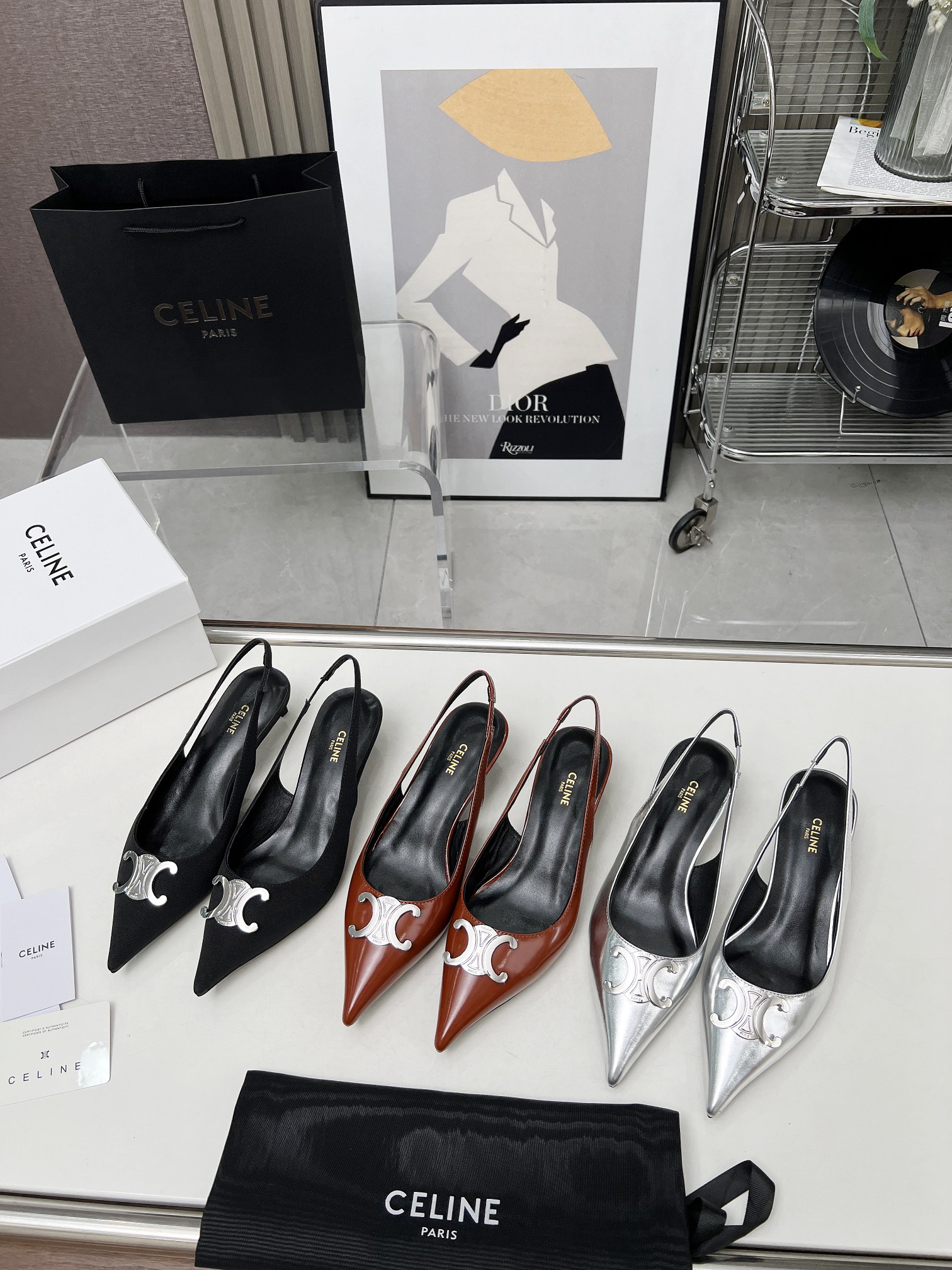 CELINE Arc de Triomphe Pointed-Toe Open-Back Stiletto Sandals