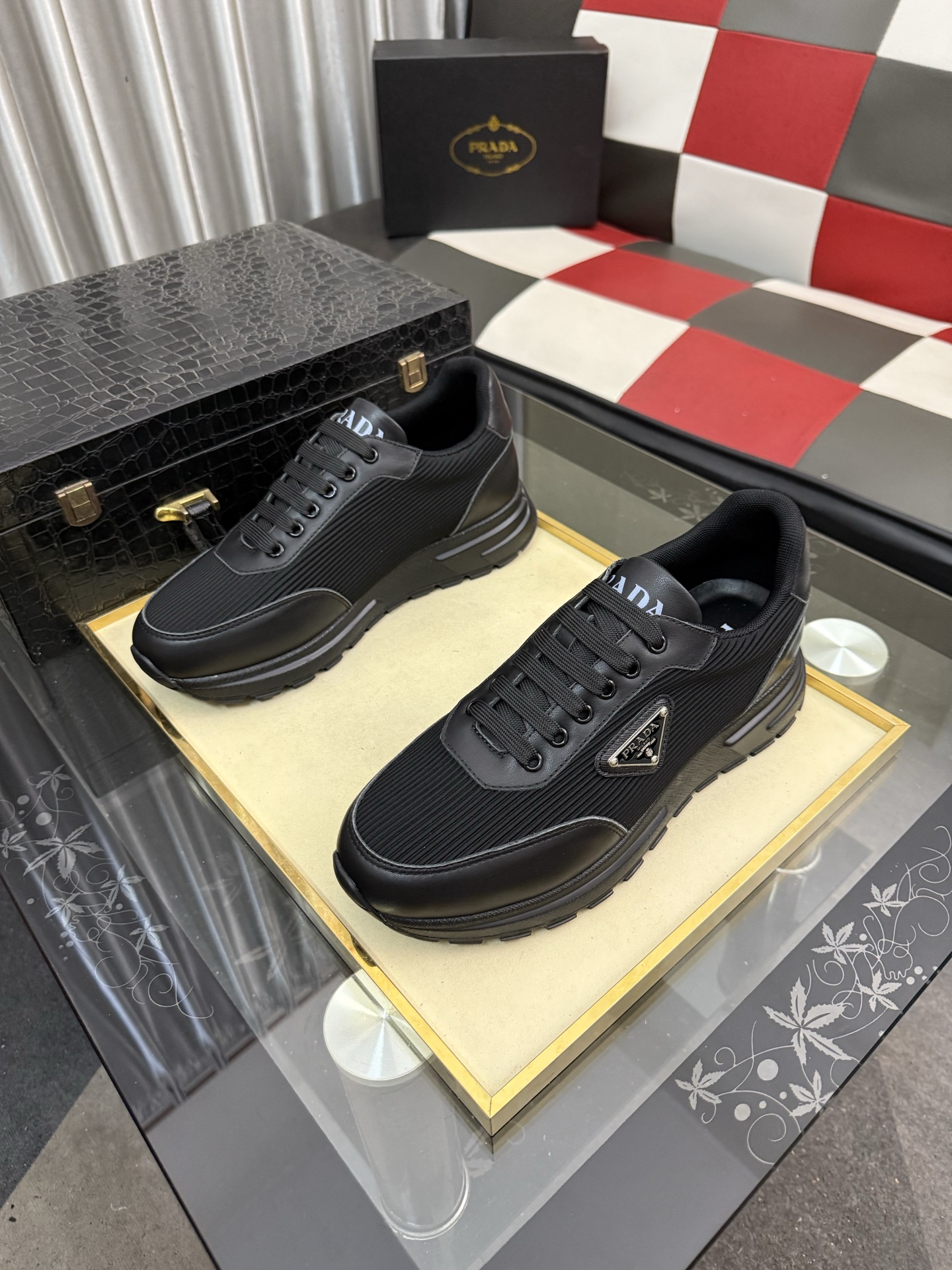 PRADA metal triangle logo perforated leather platform casual sneakers - Image 2