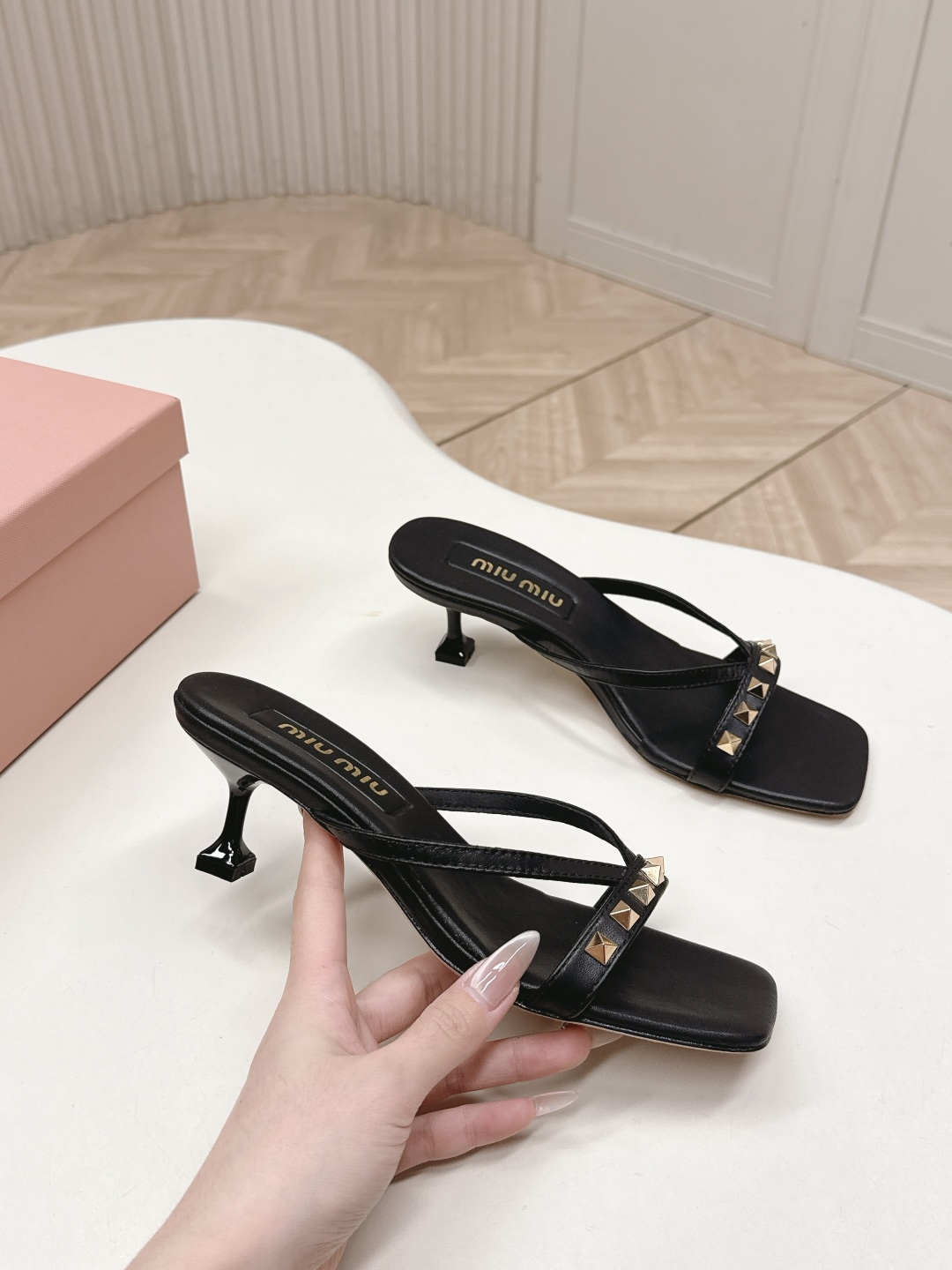 Miu Miu Studded Strappy Square Toe High-Heeled Sandals - Image 4