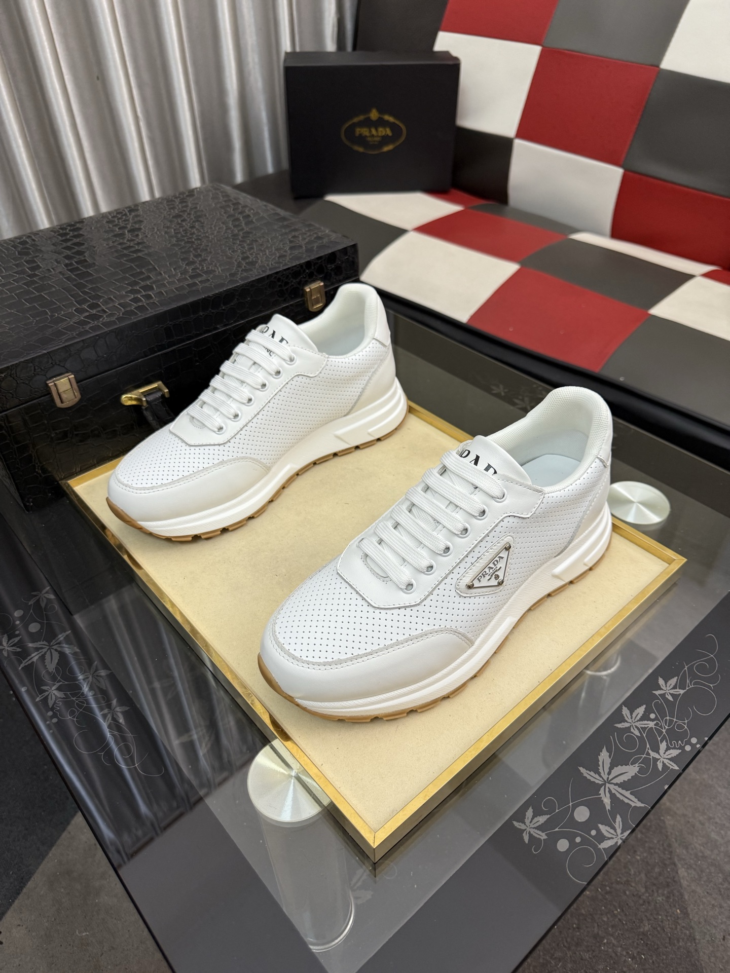 PRADA metal triangle logo perforated leather platform casual sneakers - Image 3