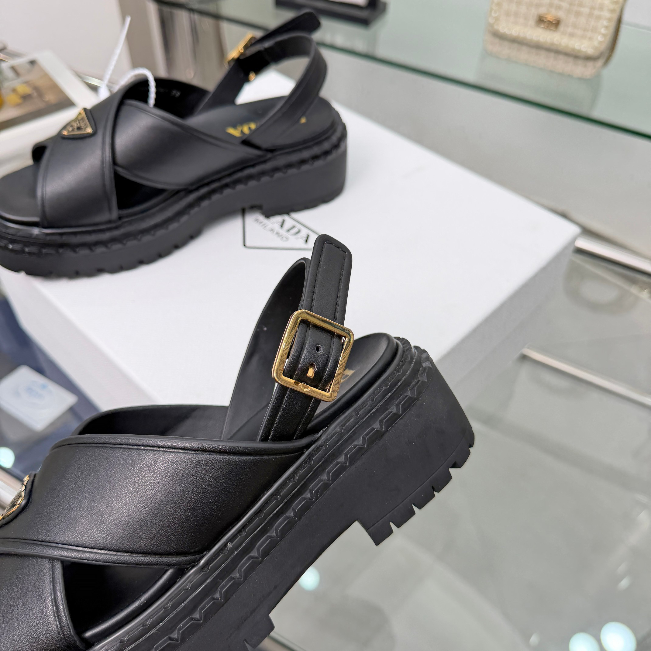 PRADA Triangle Logo Cross Strap Platform Back Buckle Sandals - Image 4