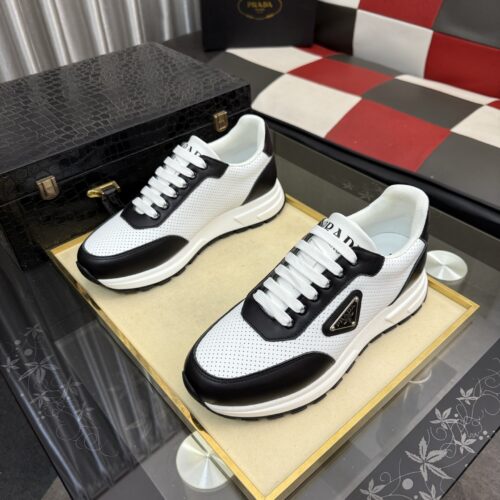 PRADA metal triangle logo perforated leather platform casual sneakers