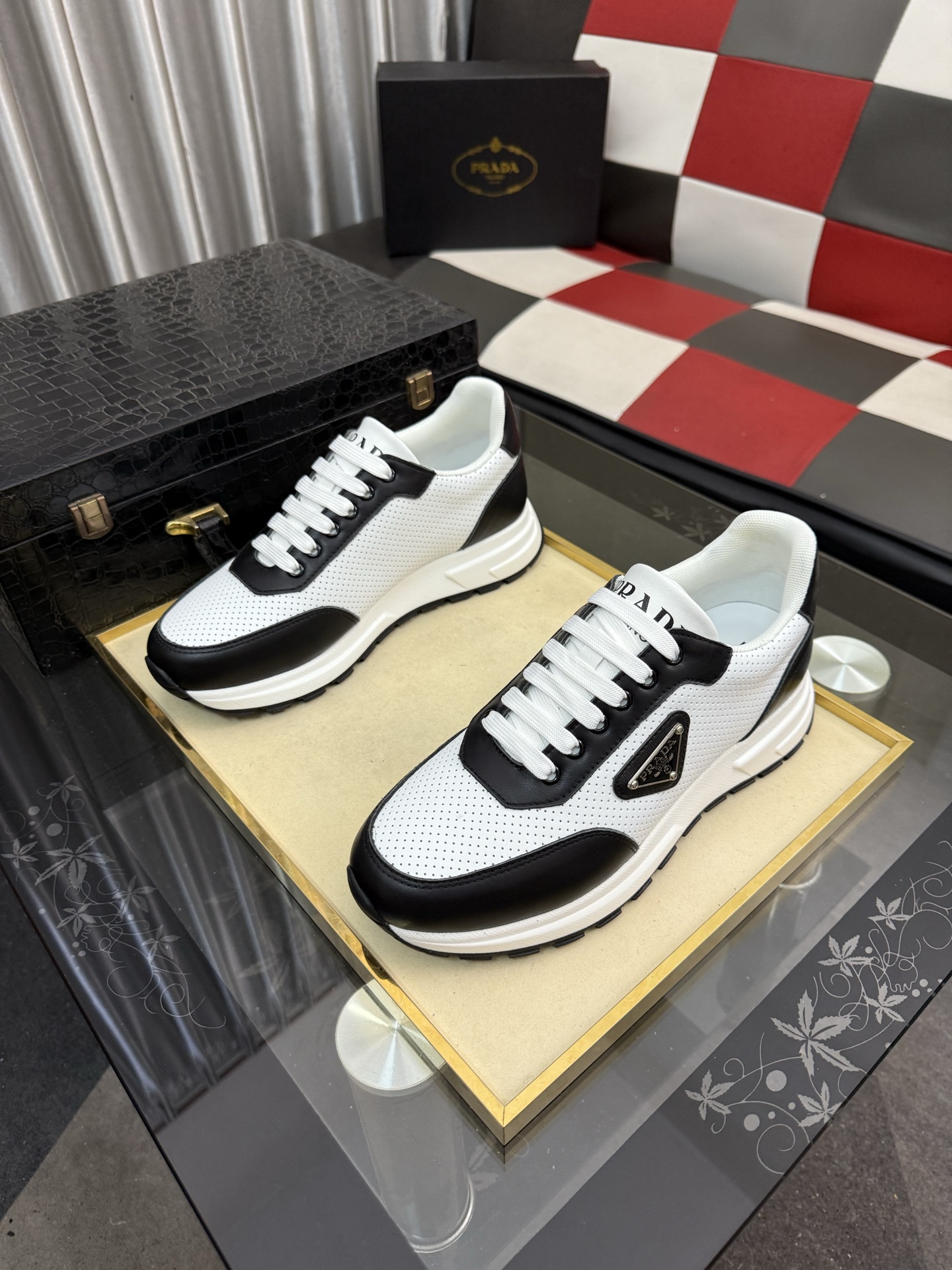 PRADA metal triangle logo perforated leather platform casual sneakers