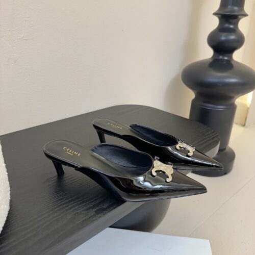 Alternative view of CELINE Arc de Triomphe Glossy Pointed-Toe Stiletto Mules Sandals
