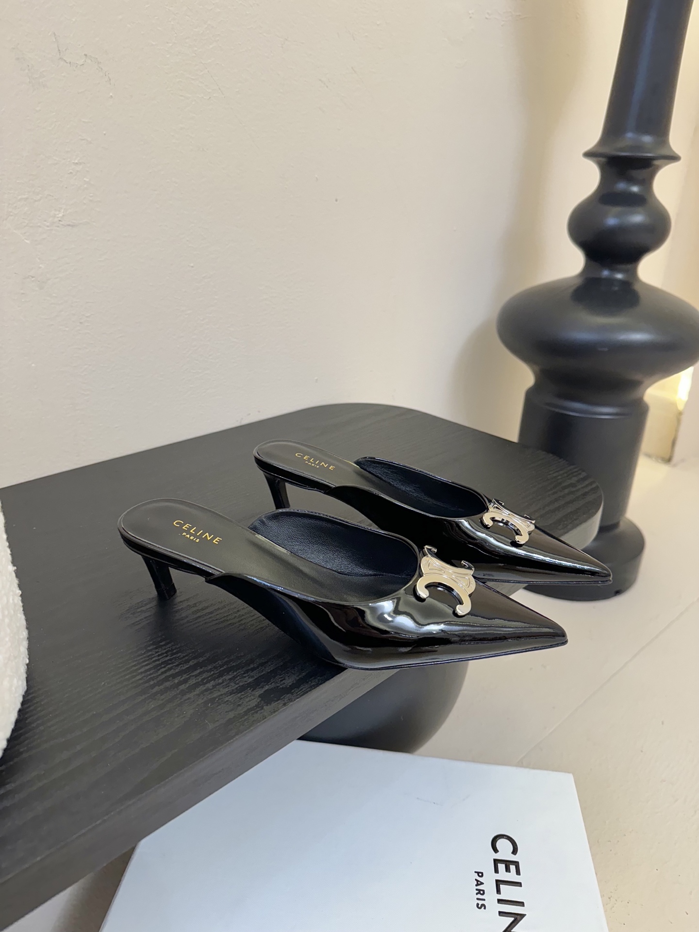 CELINE Arc de Triomphe Glossy Pointed-Toe Stiletto Mules Sandals - Image 2