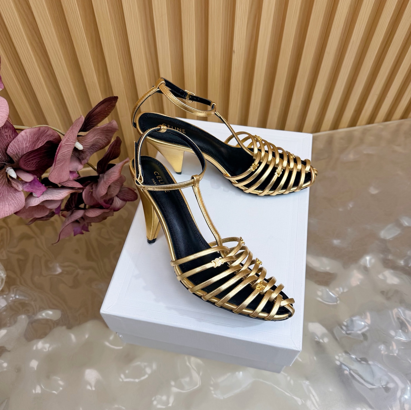 CELINE Metal Woven T-Shaped Triangle High-Heeled Sandals - Image 5