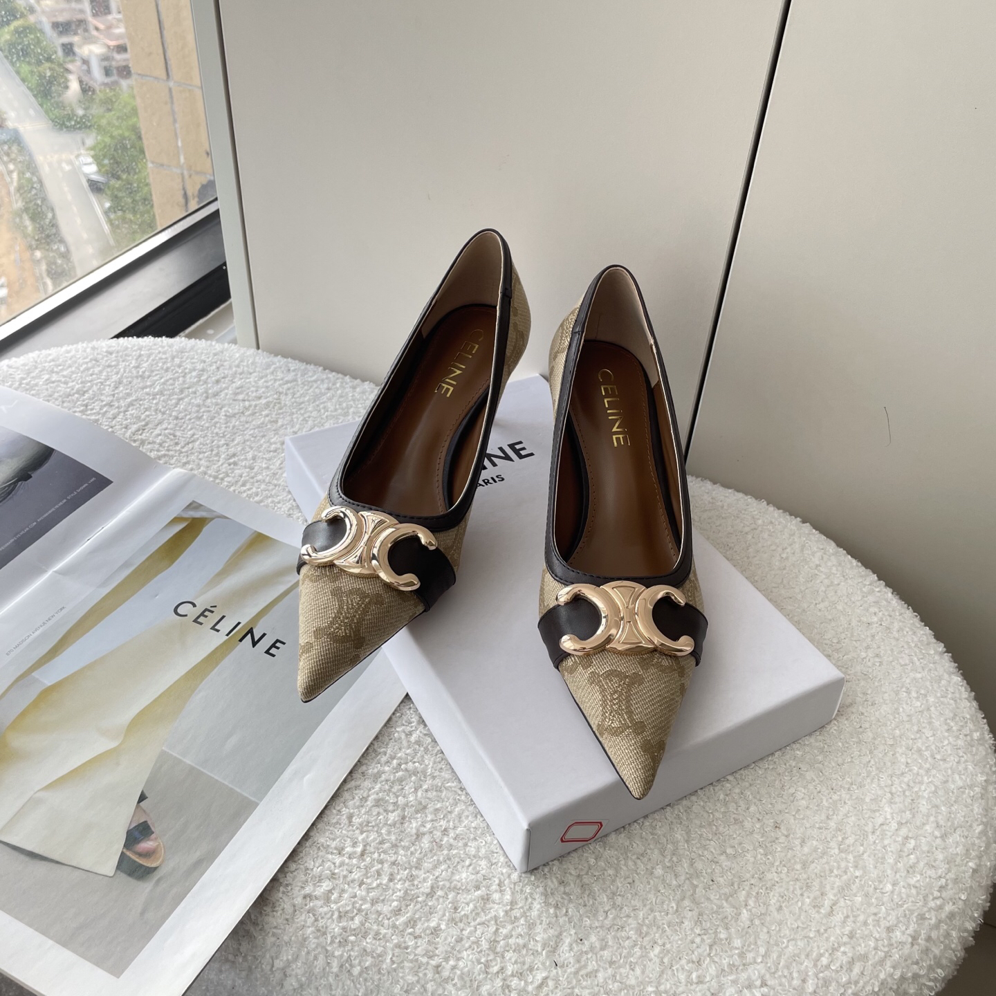 CELINE monogram canvas and leather Arc de Triomphe pointed-toe stilettos - Image 3