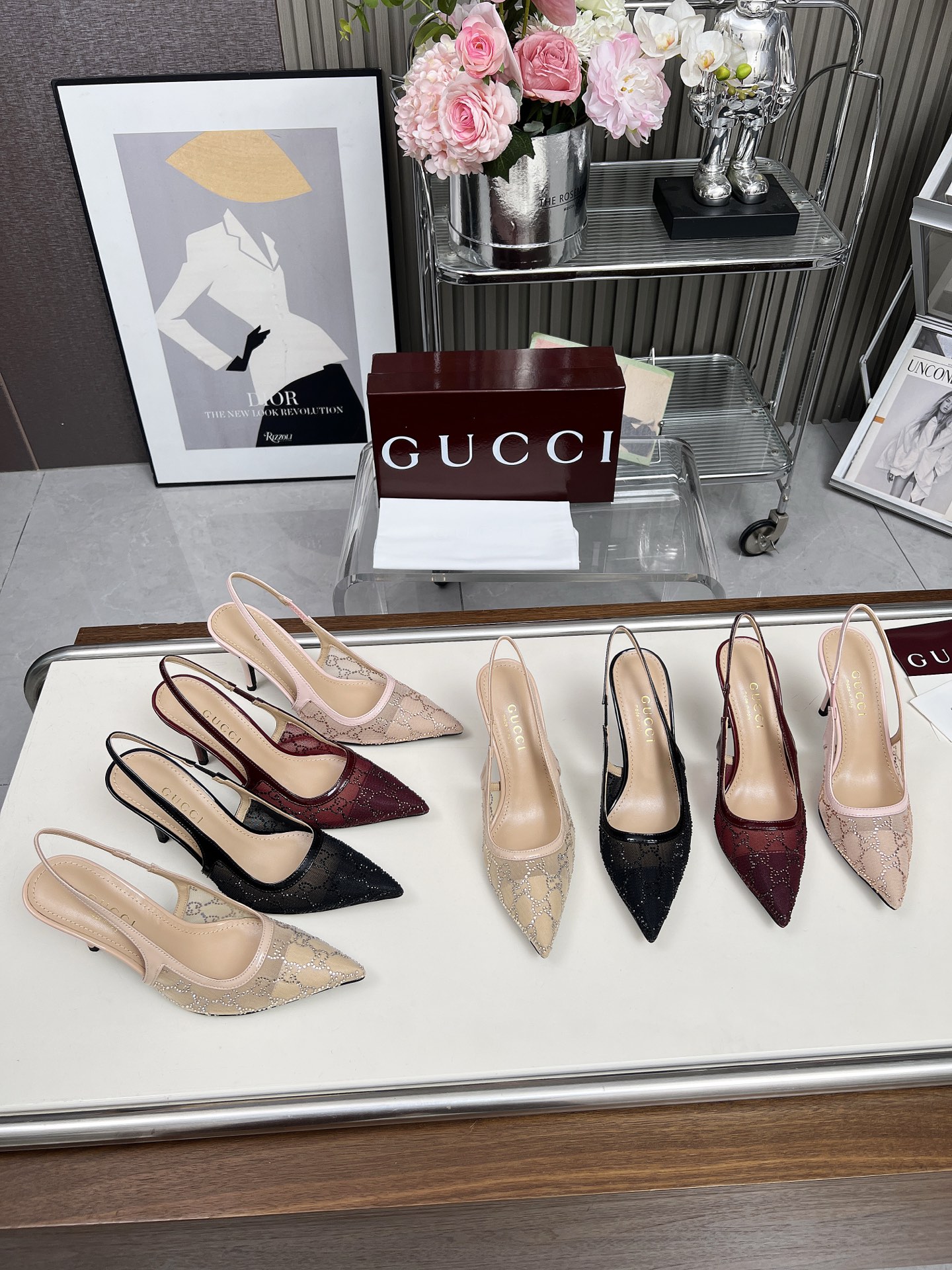 GUCCI Double G Rhinestone Lace Open Back Stiletto Sandals - Image 2
