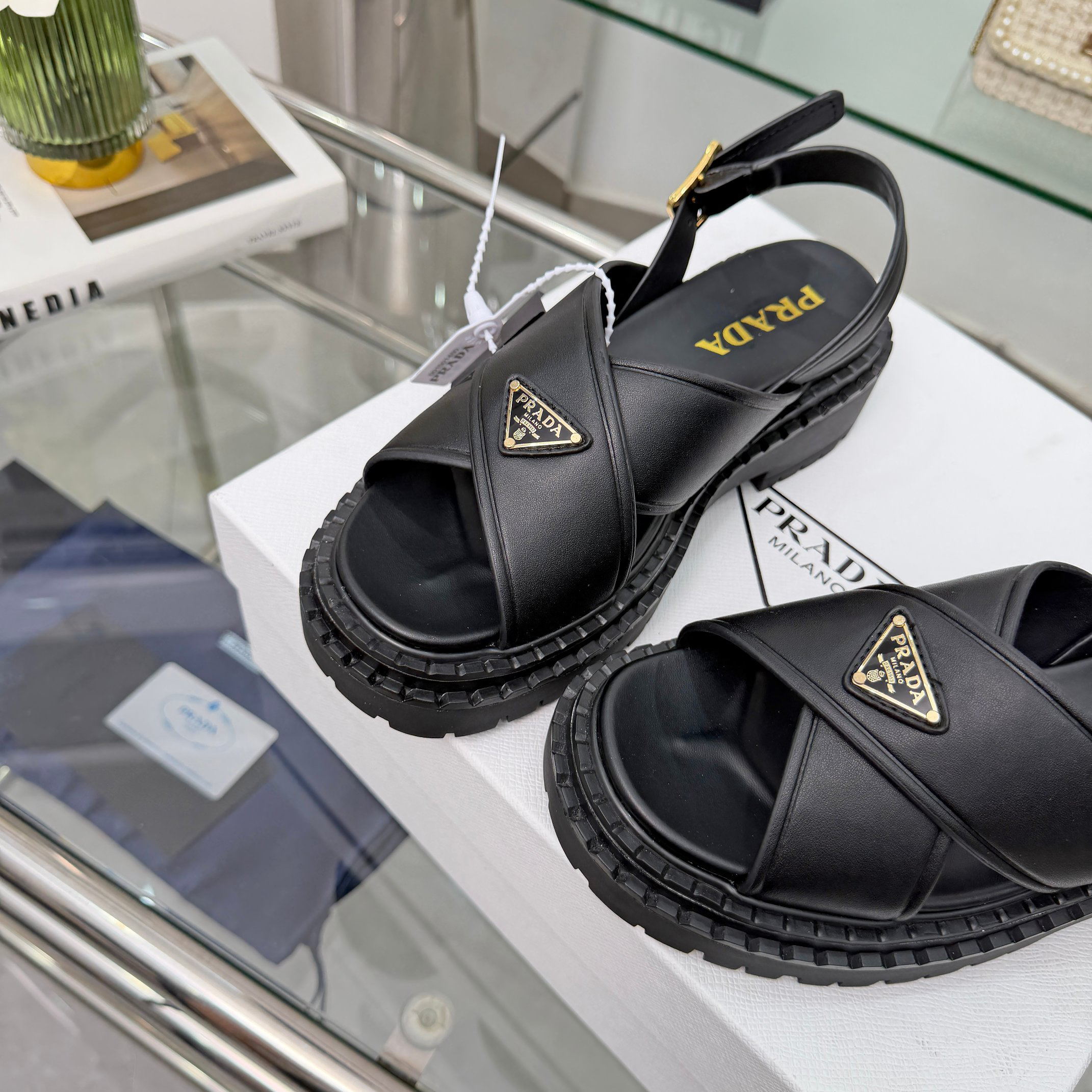 PRADA Triangle Logo Cross Strap Platform Back Buckle Sandals - Image 5
