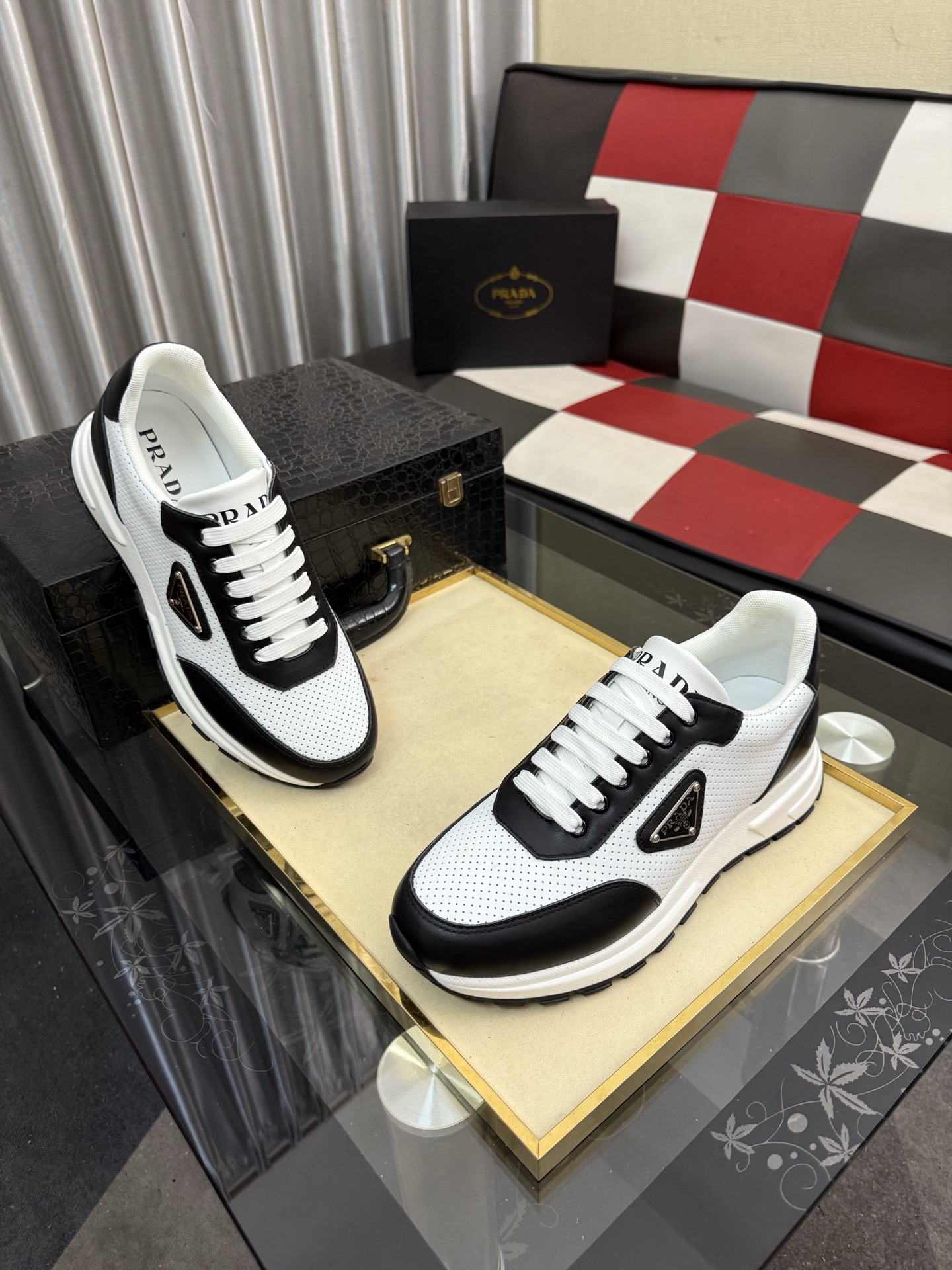 PRADA metal triangle logo perforated leather platform casual sneakers - Image 5