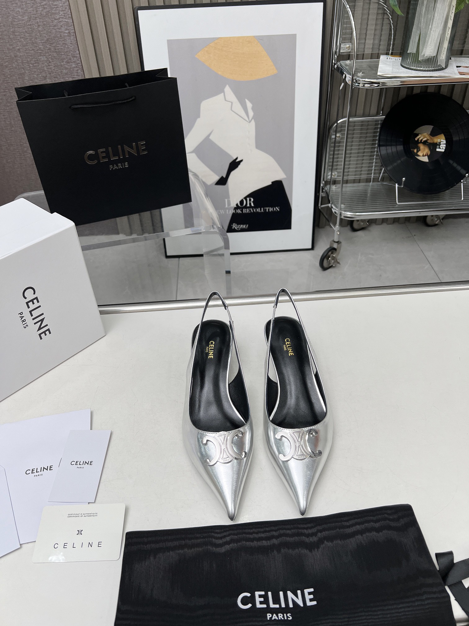 CELINE Arc de Triomphe Pointed-Toe Open-Back Stiletto Sandals - Image 2