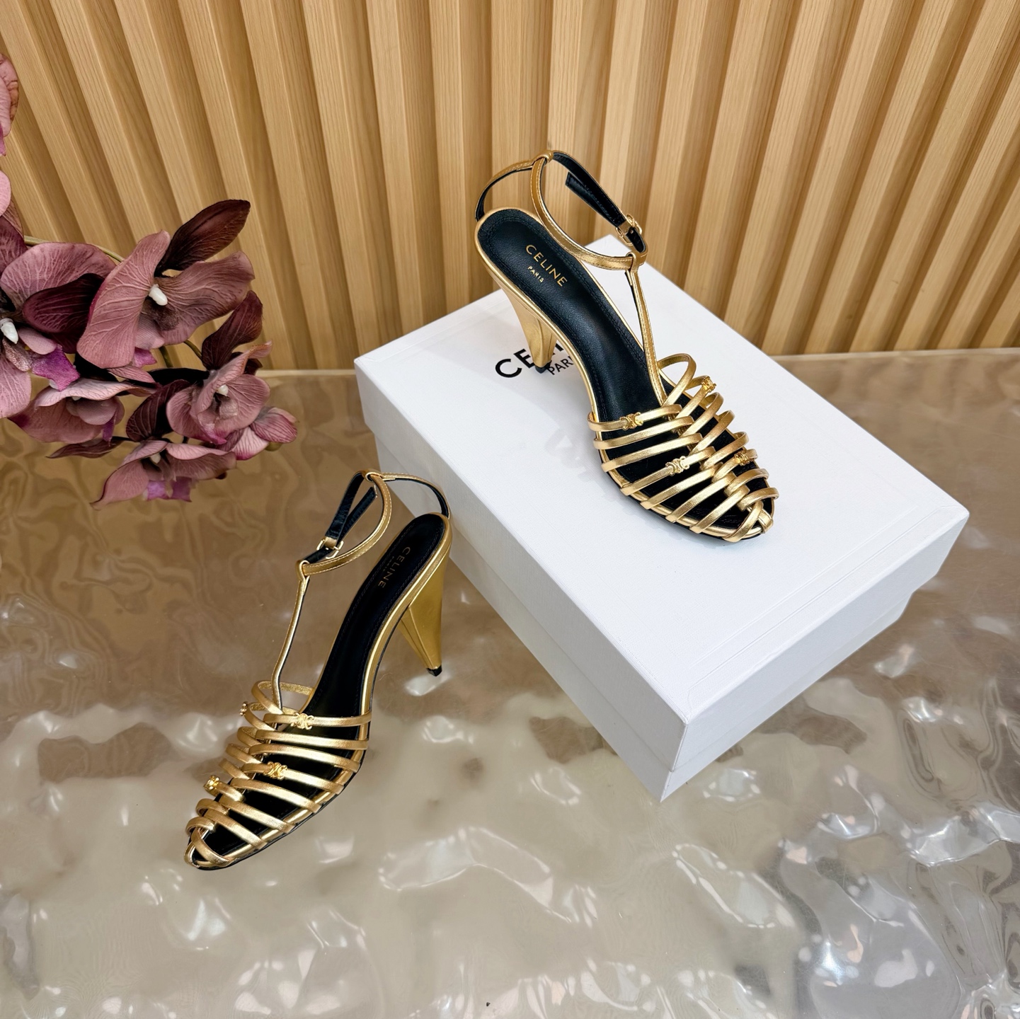 CELINE Metal Woven T-Shaped Triangle High-Heeled Sandals - Image 6