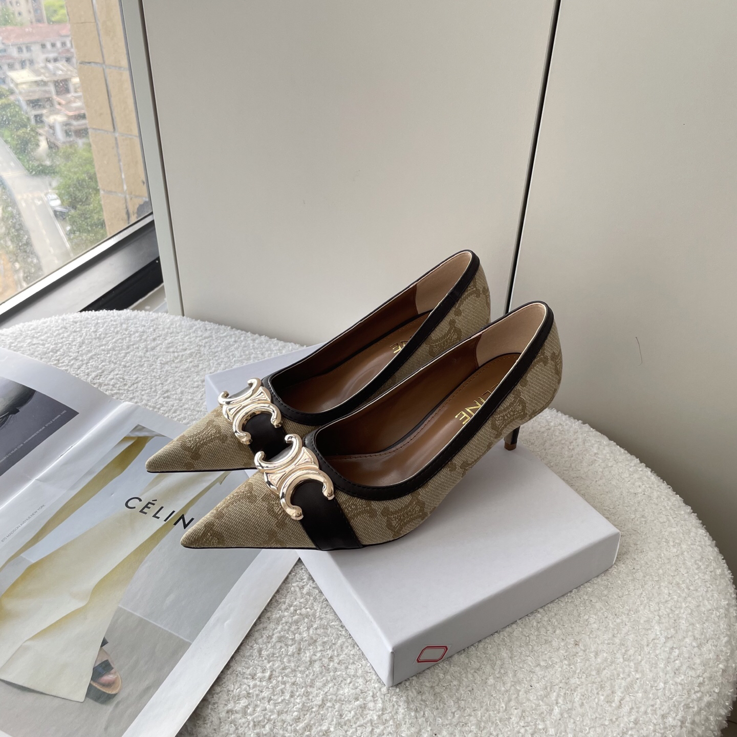 CELINE monogram canvas and leather Arc de Triomphe pointed-toe stilettos - Image 4