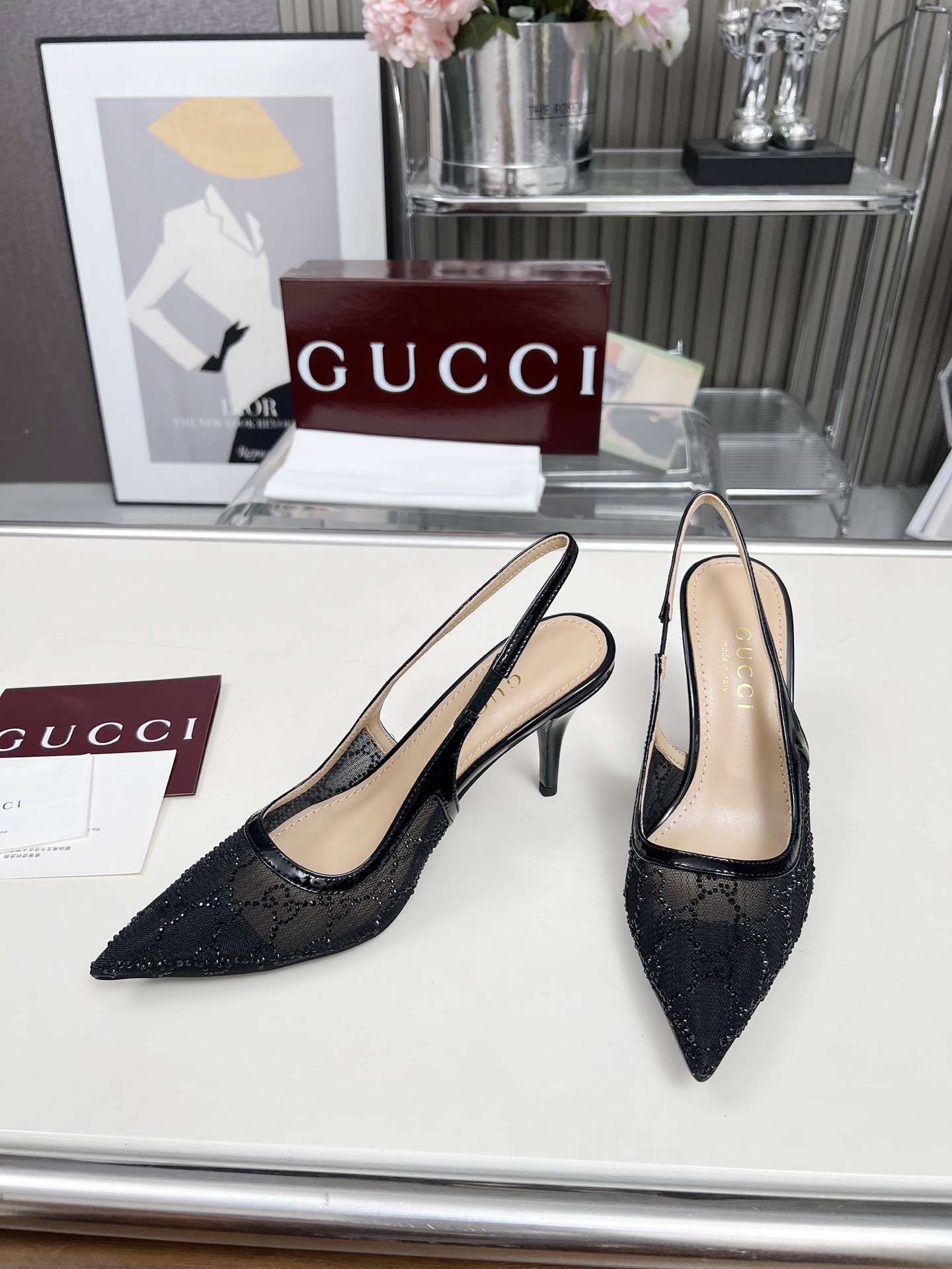 GUCCI Double G Rhinestone Lace Open Back Stiletto Sandals - Image 3