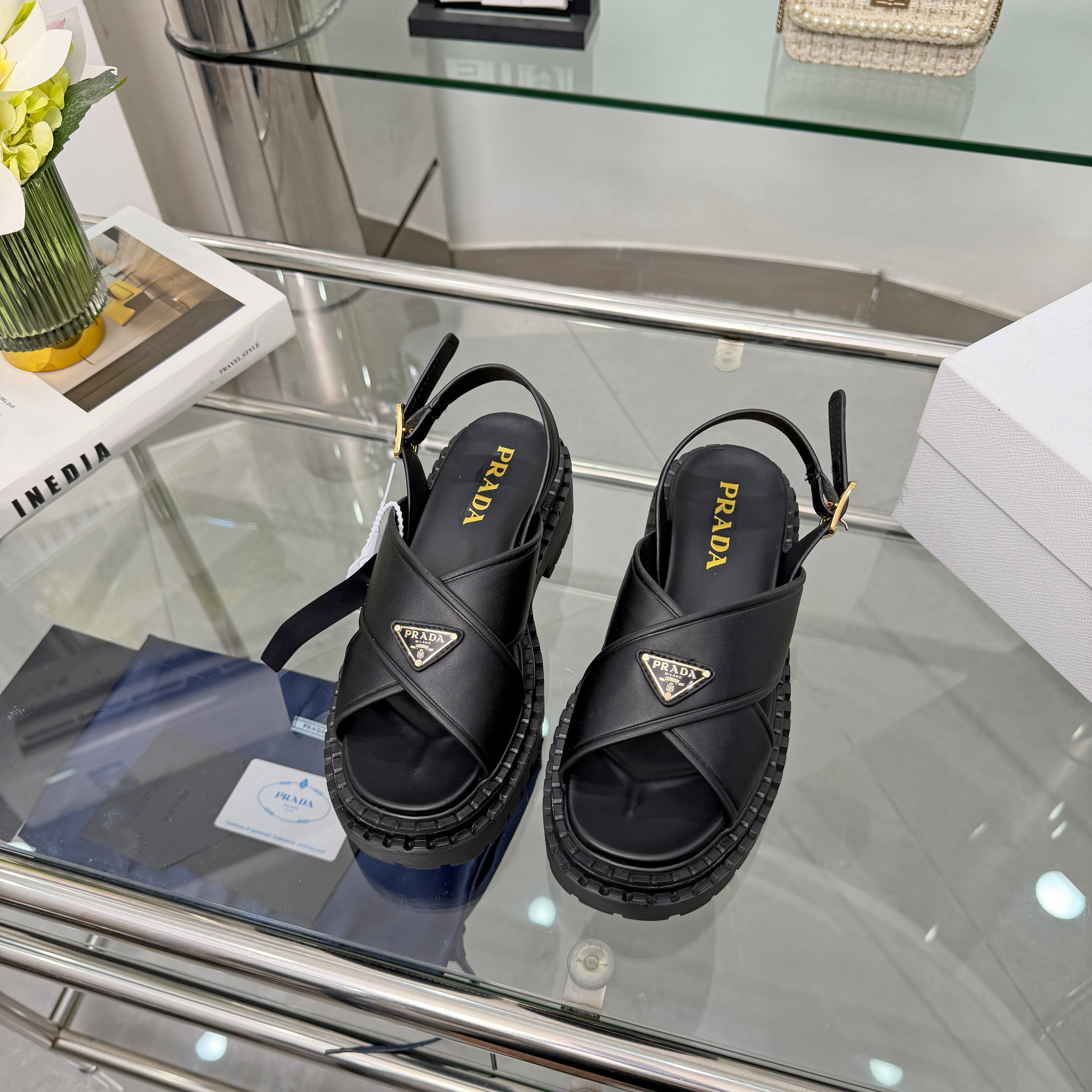 PRADA Triangle Logo Cross Strap Platform Back Buckle Sandals - Image 6