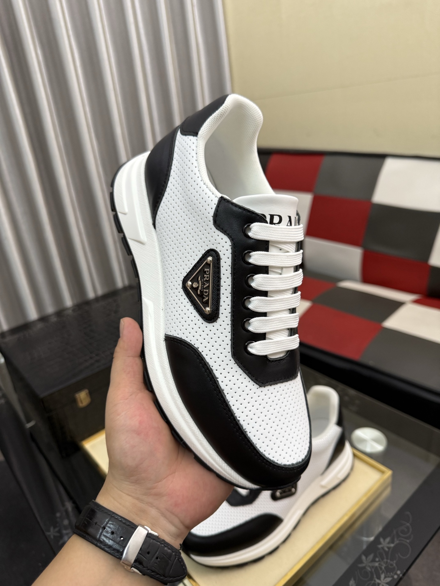 PRADA metal triangle logo perforated leather platform casual sneakers - Image 6