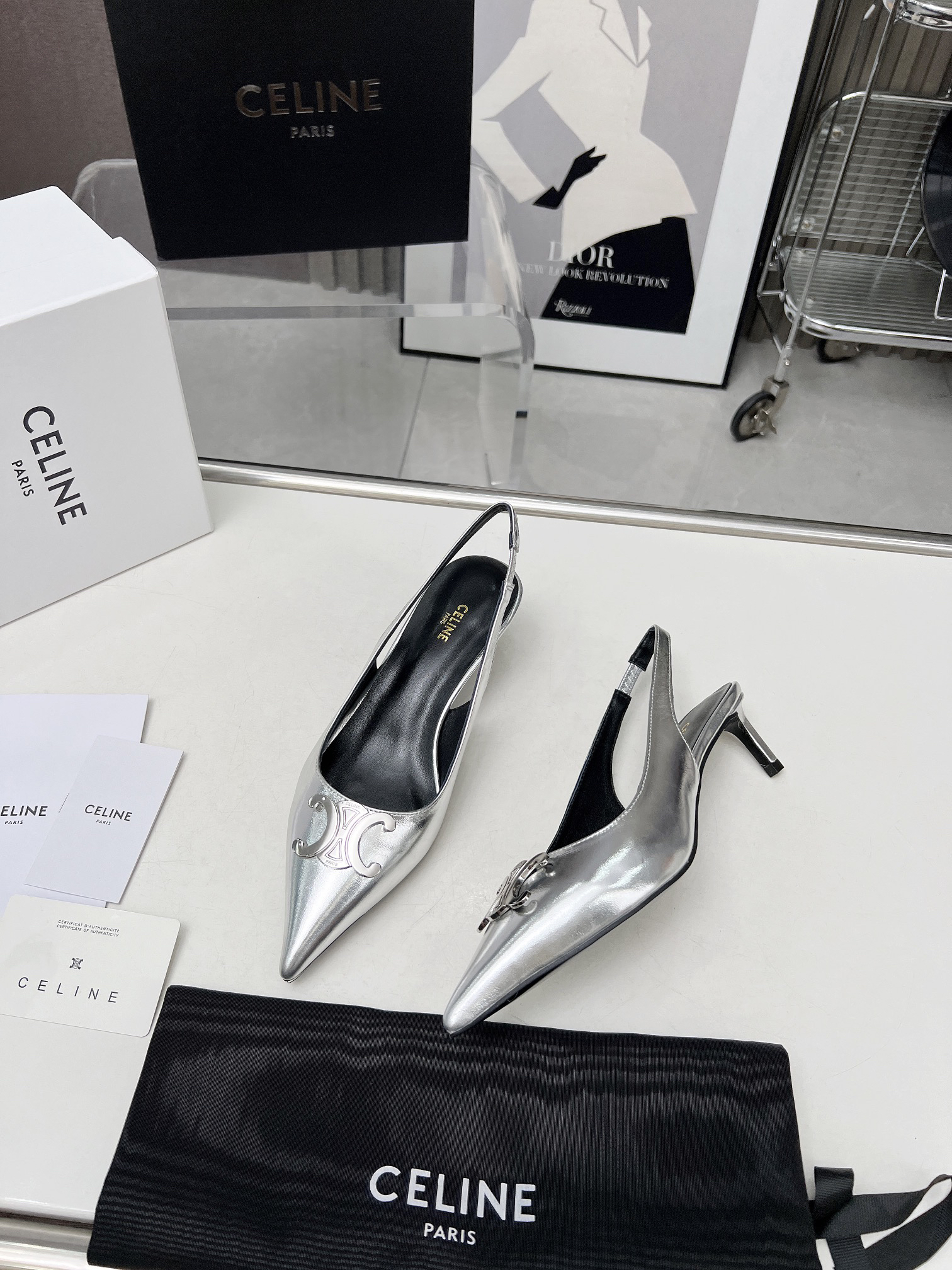 CELINE Arc de Triomphe Pointed-Toe Open-Back Stiletto Sandals - Image 3