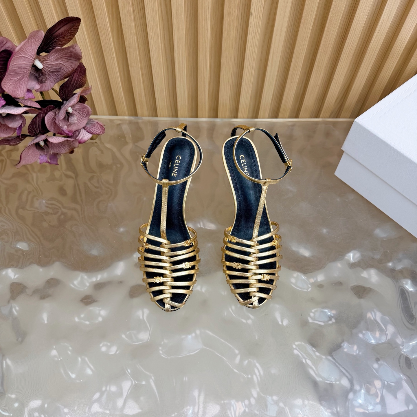 CELINE Metal Woven T-Shaped Triangle High-Heeled Sandals - Image 7