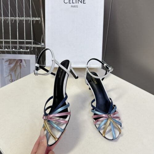 CELINE Color Block Woven Strappy High-Heeled Sandals