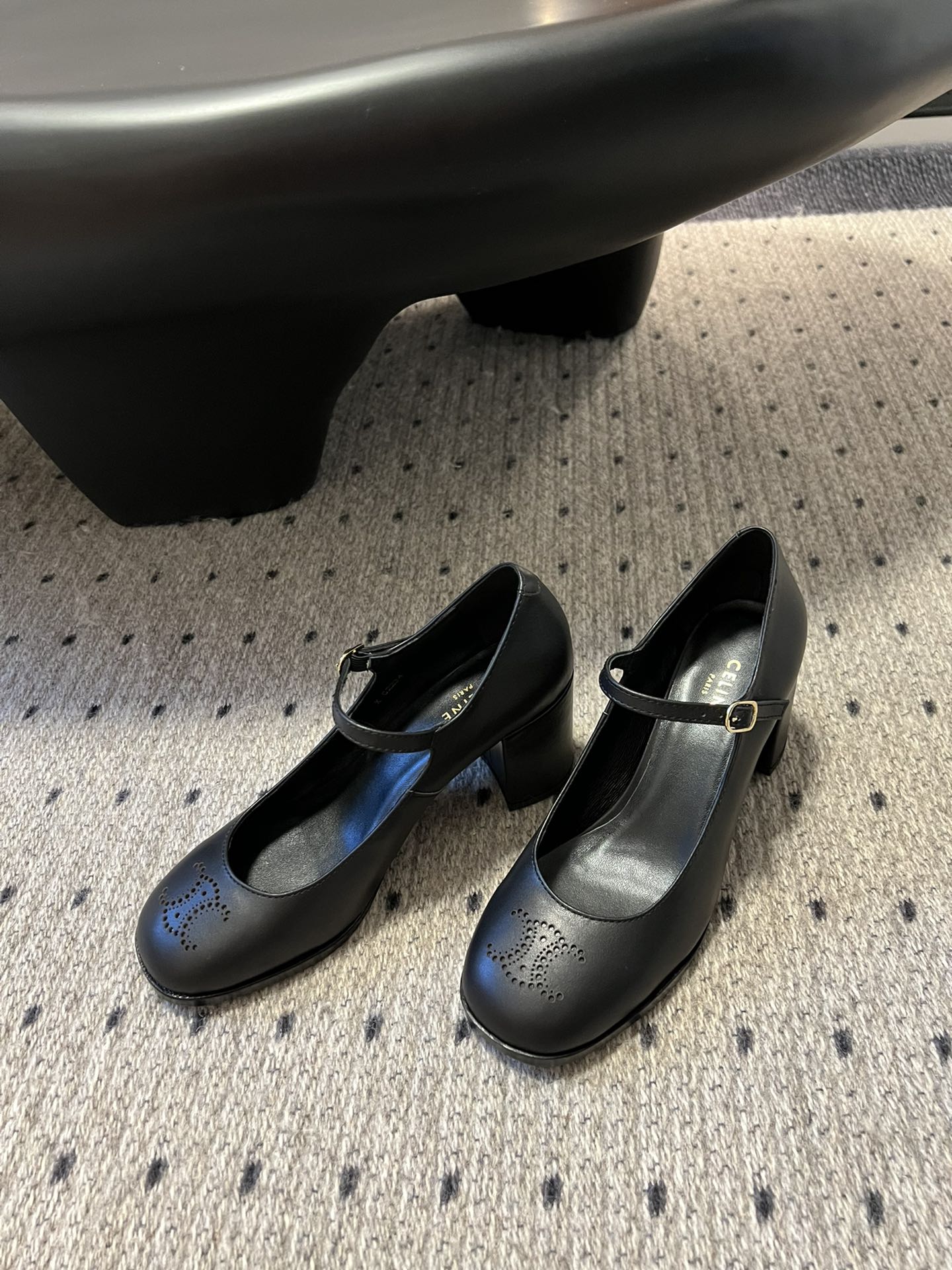 CELINE Perforated Arc de Triomphe Mary Jane Chunky Heel Shoes