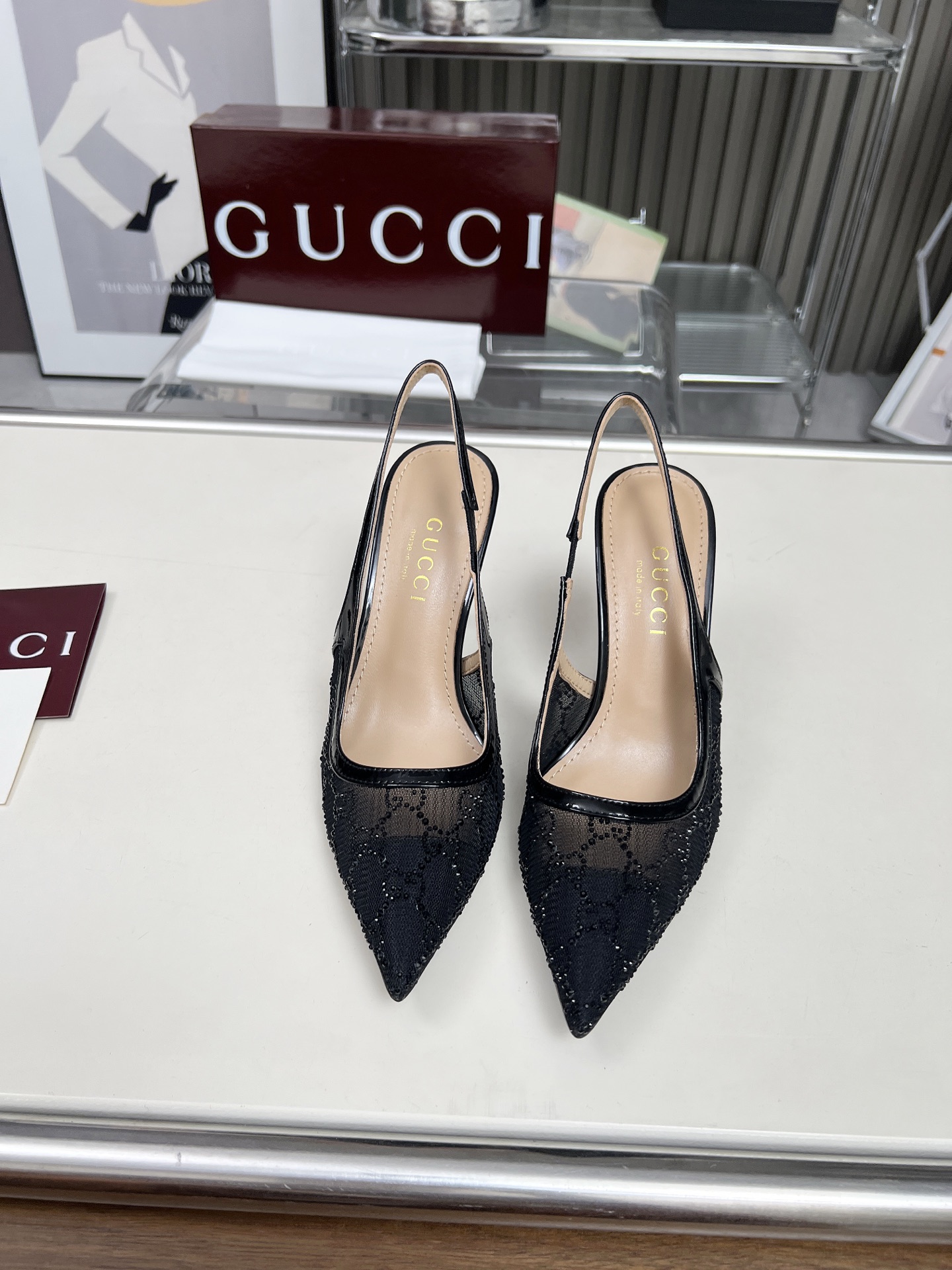 GUCCI Double G Rhinestone Lace Open Back Stiletto Sandals - Image 4