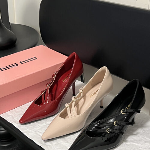 Miu Miu Three-Strap Pointed Toe Patent Leather Stiletto Mary Jane High Heels