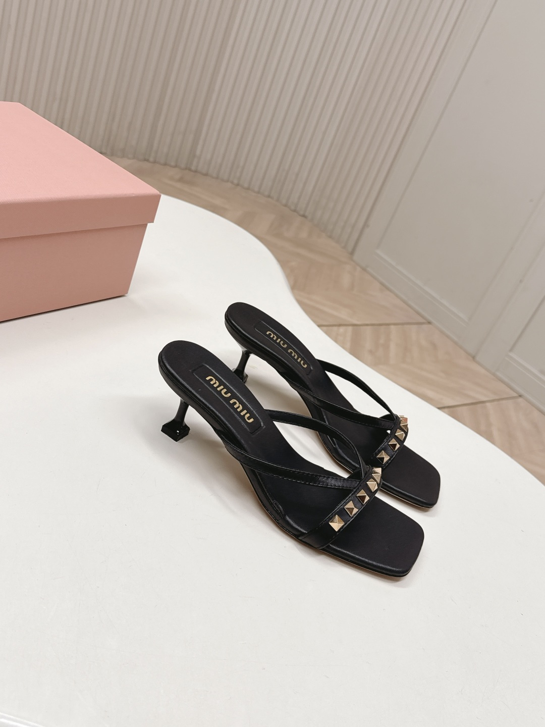 Miu Miu Studded Strappy Square Toe High-Heeled Sandals - Image 7