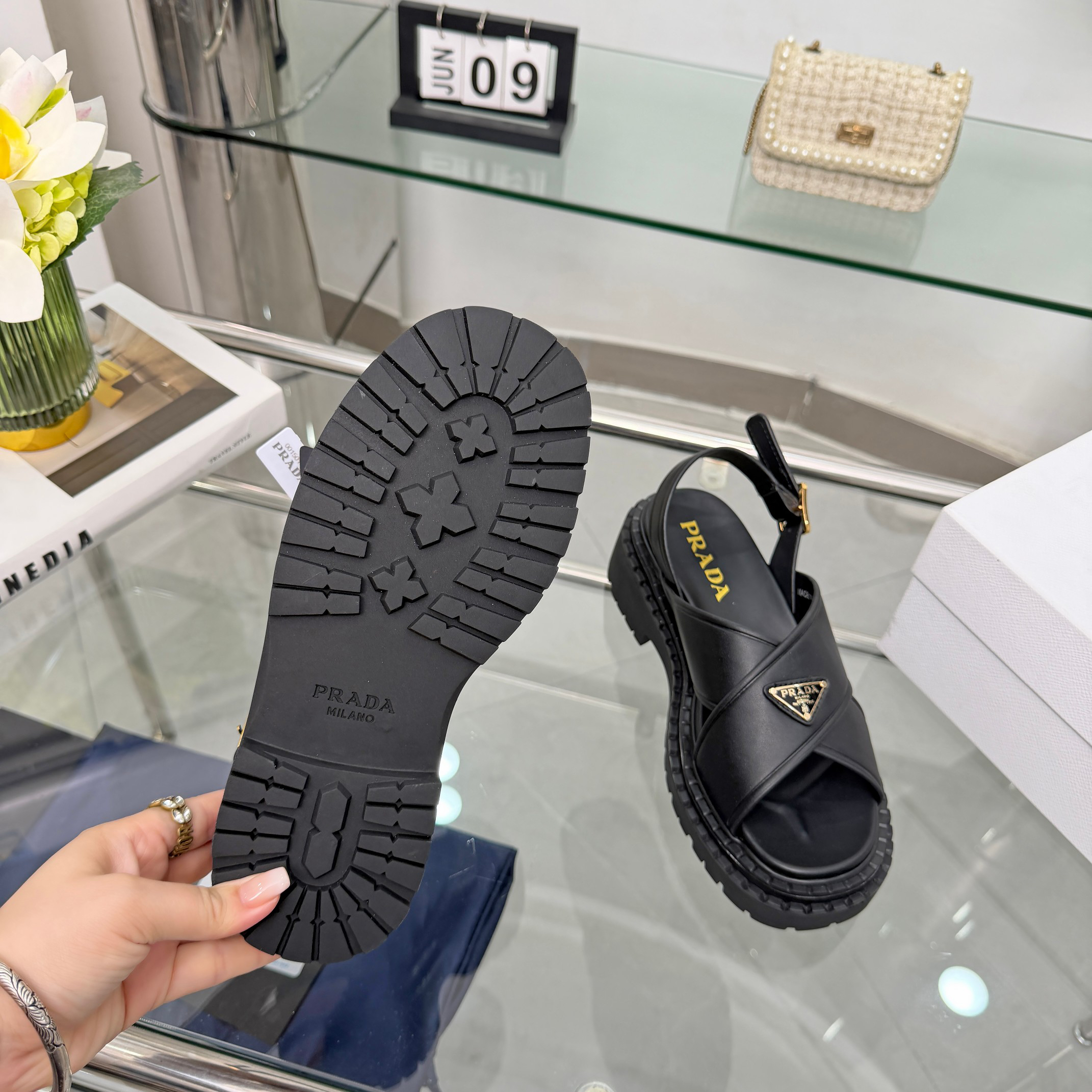 PRADA Triangle Logo Cross Strap Platform Back Buckle Sandals - Image 8